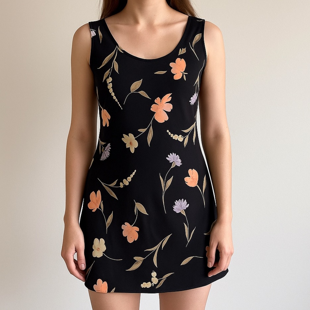 Vintage 90s Floral Slip Dress – Silky Black Mini by Express (XS/S)